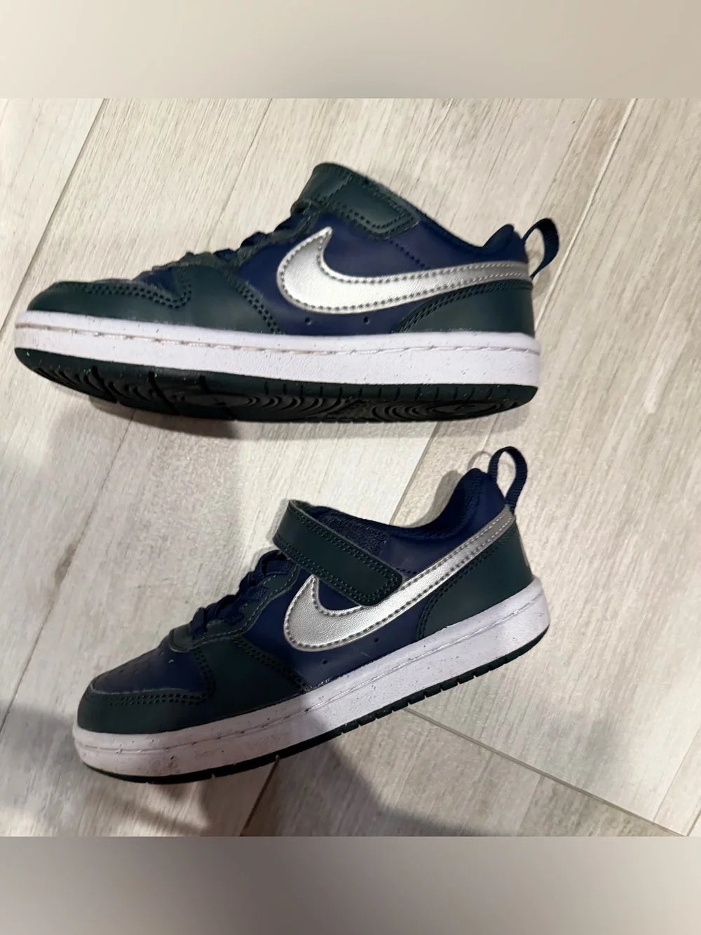 Nike Kids Court Borough Low Recraft Sneakers in Dark Green, Navy & Silver 11.5